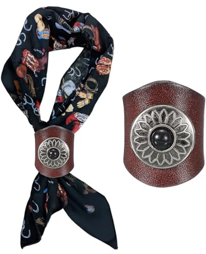 PATIKIL Western Bandana Scarf Ring, Men Square Handmade Leather Sunflower Gem Scarf Slide Ring Vintage Cowhide Handkerchief Buckle for Men Scarves Jewelry Gift(Brown/Black)