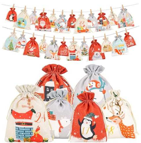 Adventskalender zum Befüllen, Weihnachtskalender Selber Befüllen Kinder, Adventskalender zum Selbstbefüllen stoff, 24 Weihnachtskalender zum Befüllen Säckchen, Adventskalender (Rot)