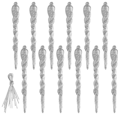 Lotsdonxia 12 Pcs Silver Icicle Christmas Tree Decorations - 13CM Glitter Hanging Droplet Baubles with Strings for Xmas Tree, Winter Party and Festive Indoor Outdoor Display