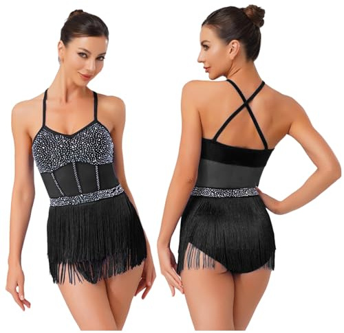 Jhaoyu Women's Tassel Fringe Bodysuit Latin Jazz Dance Leotards Sequin Dress Rumba Salsa Ballroom Costumes Black M