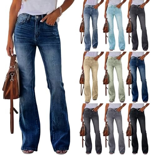 Jean Flare Femme Taille Haute, Jean Baggy Femme Y2K, Pantalon Quotidiennes Avec Poches Slacks Classique Délavé Trouser Décontracté Couleur Unie Coupe Denim Streetwear Slim Jambe Largeur Pantalon