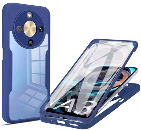 YUEQIAN Funda para Honor Magic 8 Lite 5G/Magic8 Lite, Carcasa Antigolpes con Protector de Pantalla Integrado, Robusto 360º Doble Cara Protección Transparente Silicona Bumper Caso. Azul