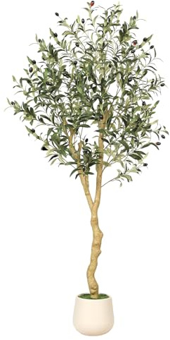 FEELEAD Olivos artificiales para interiores de 5 pies, olivo sintético con maceta, planta artificial con tronco de madera natural y frutas realistas para decoración del hogar y la oficina