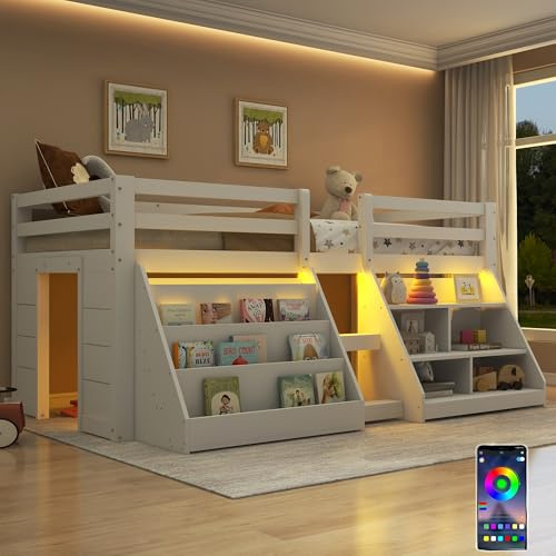 Sapgaks Cama de Media Altura 90 x 200 cm, Cama superpuesta para niños Almacenamiento múltiple, Cama para niños con Barrera Cama para niños con Almacenamiento, guardaespaldas, Escalera,Blanco