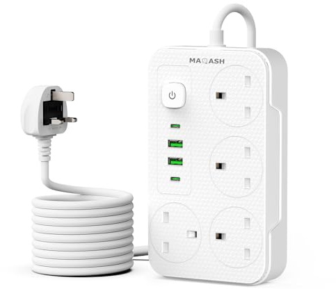 Extension lead with usb slots 2500W -2m long cable - copper clips - 13A 220V - multi usb plug Cord UK - power strip with USB Socket, 6 in 1 charging USB C PD 5V/2.1A-White