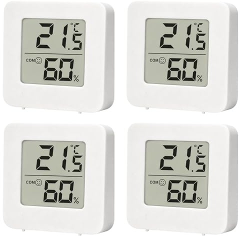 Thermomètre Intérieur 4 Pièces, Hygrometre Interieur Digital Avec Hydromètre Intérieur, Capteur Précision Température Humidité, Thermomètre Chambre Bébé pour Maison, Bureau, Serre, sans Interrupteur