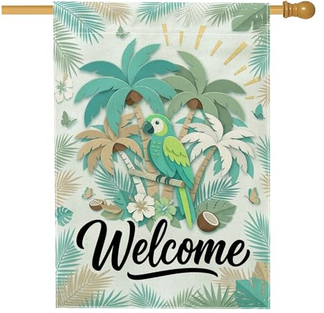 Drapeau de maison pour perroquet, feuilles de palmier tropicales décontractées, papillons, vert d'été, double face, en toile de jute pour porche, extérieur, terrasse, cour, pelouse, entrée, balcon, 71