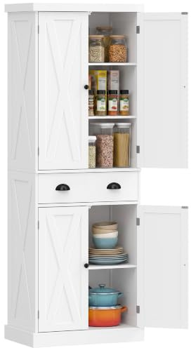 HOMCOM Buffet Haut Cuisine, Armoire de Cuisine, Vaisselier avec 4 Portes, Tiroir et Étagères Réglables, Style Rustique, Meuble de Rangement pour Salon, Salle à Manger, 62 x 38 x 173 cm, Blanc