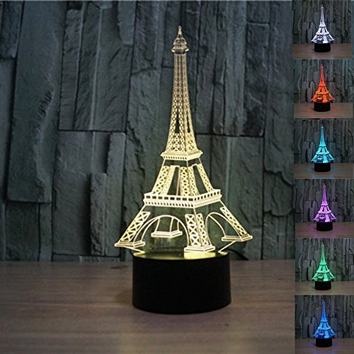 KINGCOO Lampe 3D Illusion Lumières de la Nuit, 3D Optique Visual 7 Couleurs LED Lumière Commutateur Tactile Stéréo Atmosphère Veilleuse Lampe de Bureau de Table,Cadeau pour noël (Tour Eiffel)