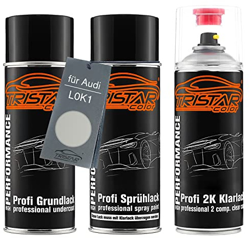 TRISTARcolor Autolack Spraydosen für Audi L0K1 Oryxweiss Perl + 2K-Klarlack | Oryx White Perl, Set aus Grundlack + Basislack + 2K Klarlack, Sprühdosen 400ml