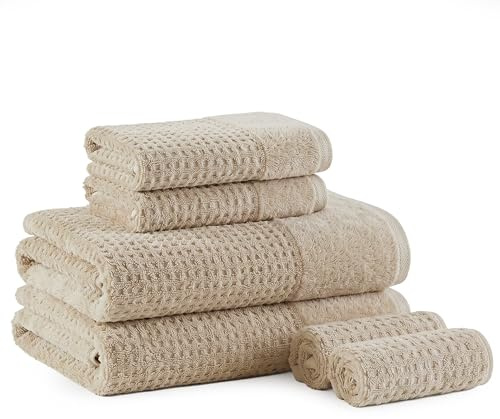 Madison Park Spa Waffle 100% Cotton Luxurious Towel Set, Premium Texture Waffle Weave, Highly Absorbent, Quick Dry, Hotel & Spa Quality Wash Clothes for Bathroom, Assorted Sizes, Natural 6 Piece