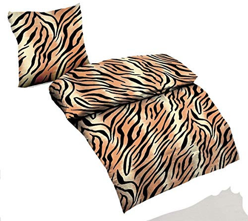 daspasstgut 2-teilige Bettwäsche Microfaser Übergröße Bettbezug 155x220 Kissenbezug 80x80 Schwarz Gold Katze Tiger Tierfell