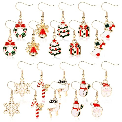 Naler Lot Boucle d'Oreille Femme Pendante pour Cadeau Noel 10pcs Earrings Christmas,Bijoux Noël avec Père Noël, Flocons, Renne