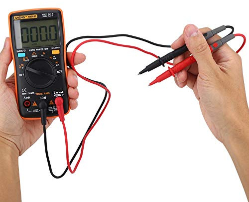 AN8009 Multimètre Numérique Portable, True RMS, LCD Rétroéclairé, Orange, Mesure Tension AC/DC, Courant, Résistance, Température, 130 x 65 x 30 mm