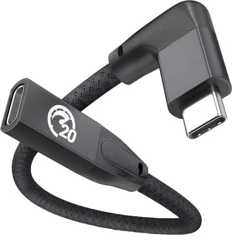 USB C Verlängerung Kurz 0.2M, 100W USBC 3.2 Gen 2 20Gbps Verlängerungskabel | 90 Grad Typ C Buchse auf Stecker Kabel Winkelstecker, 4K@60Hz USB C Extension Cable für iPhone 17, MacBook, Galaxy S26 S25