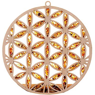 Sonnenfänger Suncatcher Bernstein in Birkenholz Blume des Lebens Fensterbild Fensterdeko, Ø 10