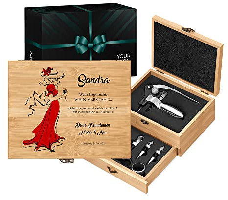 Maverton Weinöffner-Set personalisiert Weinset Sommelier Set - Geschenkbox Holzbox + 8er Weinzubehörset - aus Bambus - Braun - Geschenk zum Geburtstag für Frauen - Wein versteht