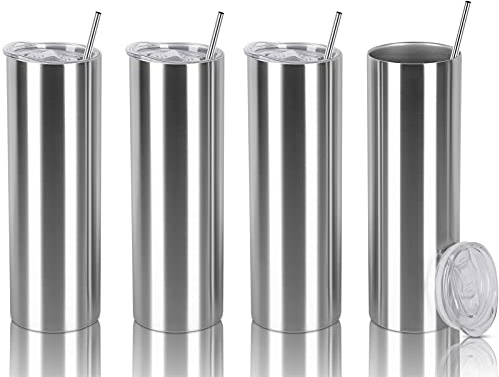 Tswofia 30 Oz Straight Skinny Tumbler Set, Stainless Steel Slim Skinny Travel Tumbler Bulk, Birthday Diy Gift For Women Friends Sisters, 4 Pack, Silver