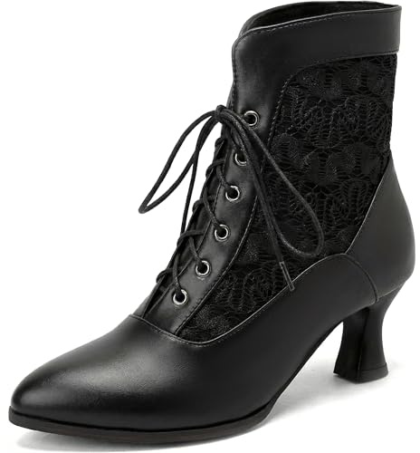 LanreyTaley Women Victorian Lace Booties Wedding Bridal Ankle Boots Witch Costume Boots Mid Heel Black Size 37 Asian