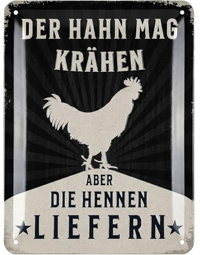 LANOLU Retro Blechschild Hühnerstall Schild DER HAHN MAG KRÄHEN Aber DIE HENNEN LIEFERN - Hühner Deko Geschenk als Hühnerstall Zubehör Wanddeko - Vintage Metallschild 15x20cm