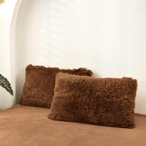 Michorinee 2er Set Flauschige Zierkissenbezüge 40 x 80 cm Braun Dekokissen Langhaar Kunstfell Zierkissen Dekorativ SofaKissenbezug Fellimitat Kissen Kissenbezug