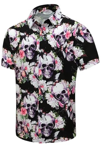 SheLucki Camisa Hawaiana para Hombre, Unisex, Verano, Playa, Casual, Manga Corta, con Botones, Ropa Estampada con Sombra de Palma, Calavera Rosado, L