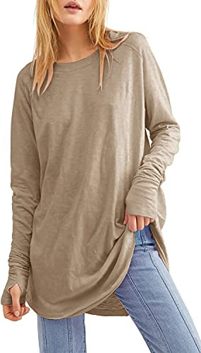 Långärmad damtopp, ledig T-shirt med rund hals, lös tunika, toppar, rund fåll, pullover, sweatshirt, blus med tumhål, Khaki, M