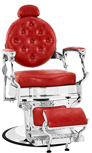 Barberpub Friseurstuhl hydraulische Friseursessel 3866RD, mit Retro/Vintage Stil, 360° drehbar, Kunstleder, Silberrahmen, 110 × 68 × 112 cm (Rot-Silber)