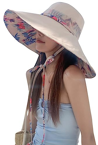 6 Extra Wide Brim Sun Hats UPF 50+ UV Protection Packable Beach Hat Strap Women (Beige)