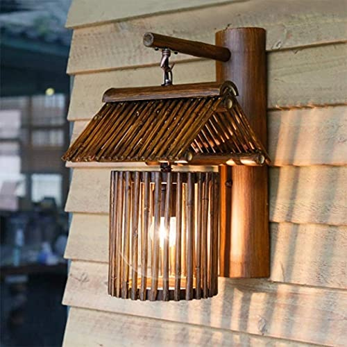 GRAWIT Lampada da Parete Creativa retrò Americana Nave Legno Vecchia Applique da Parete in bambù bambù Salice Rattan Lanterna Paralume Lampada da Parete Orientale Corridoi, Scale, Applique per Hotel