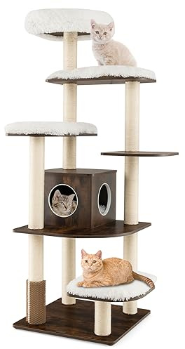 GOPLUS Arbre a Chat en Bois, 87 x 87 x 175 CM, 6 Niveaux, Arbre a Chat XXL avec Plateformes, Coussins Confortables, Poteaux en Sisal, Niche pour Couchage, Conception Anti-Bascule, Brun+Naturel