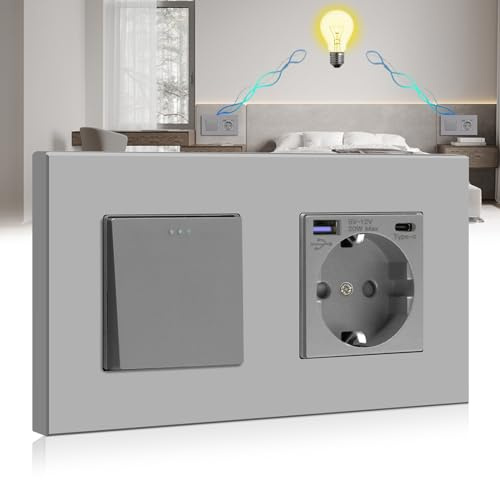 BSEED Interruptor de Pared, Interruptor de luz palanca con Panel de Plastico, 1 Gang 2 Vias con Enchufe, Gris