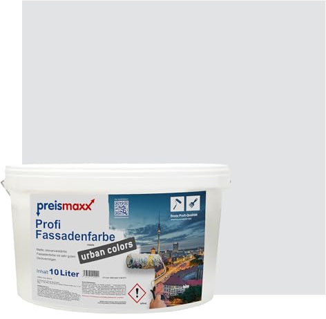 Preismaxx Profi Fassadenfarbe urban colors, bunte Außenfarbe, grau, eisgrau, ice grey 10L, matte, wasserabweisende Aussen-Dispersion, hohe Wasserdampfdurchlässigkeit