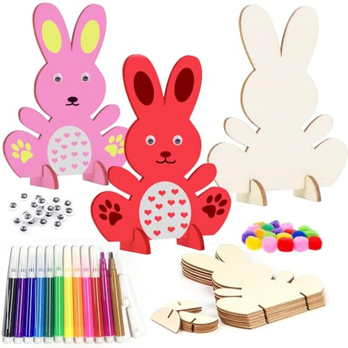 Mrracxy Ostern Basteln Kinder, Hasen aus Holz zum Bemalen,10 Stück DIY Osterhase Deko, Osterdekoration Kunsthandwerk-Malaktivitäten Bastelset Kinder Ostern Frühling für Bastelzubehör Dekorationen