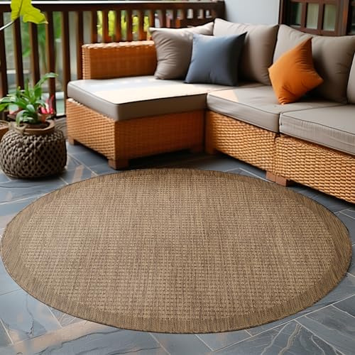 Carpetsale24 In- & Outdoor Teppich Wetterfest 120 cm Rund Einfarbig Braun - Waschbar, Wasserfest, Pflegeleicht und Flachgewebe - Ideal für Balkon, Garten, Terrasse und als Küchenteppich