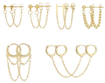UNICRAFTALE 6 Pairs Golden Chain Earrings: Double Piercing, Hoop, Tassel, Drop, Stud, Minimalist Dangle Jewelry for Summer Women Teen - Gold