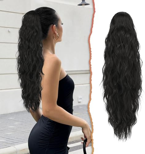 Sofeiyan Ponytail Extension, 66 cm Lang Gewellt Pferdeschwanz Haarteil mit Kordelzug Pferdeschwanz Haarverlängerungen Zopf Synthetik Haar Extensions Zopf für Frauen,Natürlich Schwarz