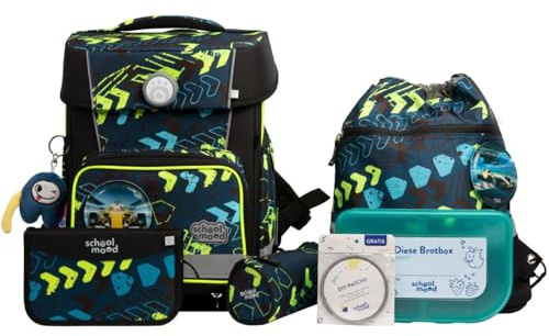 SCHOOL-MOOD Champion Pro Elias Rennwagen Schulranzenset 7-teilig 21,5L Stauraum, ergonomisches Easy Fit System für 1 m bis 1,50 m Körpergröße, standfest, wasserabweisender Stoff mit Reflektoren