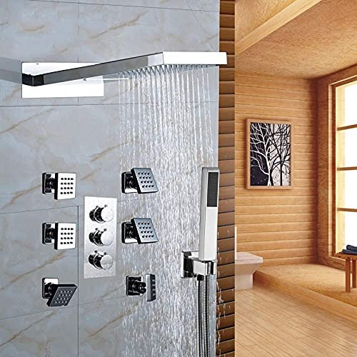 ZDLHGYBS Shower system New Thermostatic Bathroom Shower Faucet Stainless Steel Rainfall/Waterfall Shower Head W/Massage Spray Jets Wall Mount