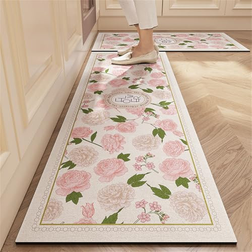 Hixingo Küche Teppich rutschfest Kieselgur Küchenläufer Schnelltrocknend Küchenteppich Rosen Drucken Absorbierend Läufer Teppich Modern Küchenmatte Schmutzfangmatte (rosa Rose,60x150cm)