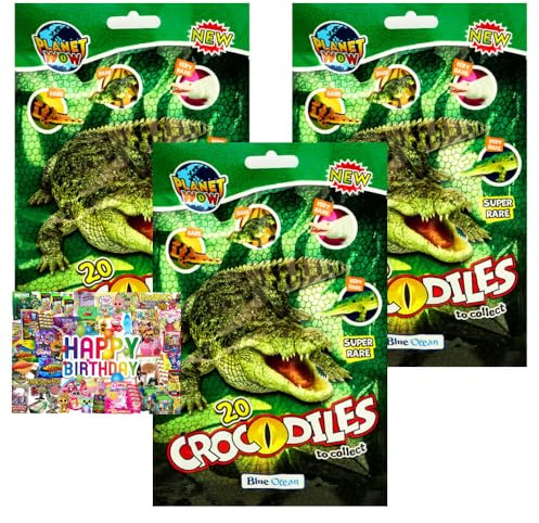 STRONCARD Bundle mit Blue Ocean Crocodiles Sammelfiguren 2025 - Planet Wow Krokodil Figur - Auswahl - Exklusive Geburtstagskarte (3 Tüten)