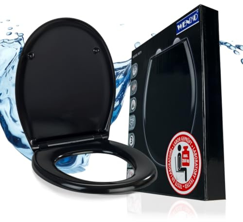 WENKO Toilettendeckel mit Absenkautomatik, hohe Belastbarkeit bis 350 kg, ovaler WC Sitz, abnehmbar, Klodeckel aus antibakteriellem, stabilem Duroplast, einfache Montage, Mod. Rieti, schwarz