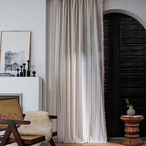 Beige gestreifte Vorhänge aus Baumwolle, 300 x 160 cm, mit Pompons und Haken, 150 x 160 cm, 1 Stück
