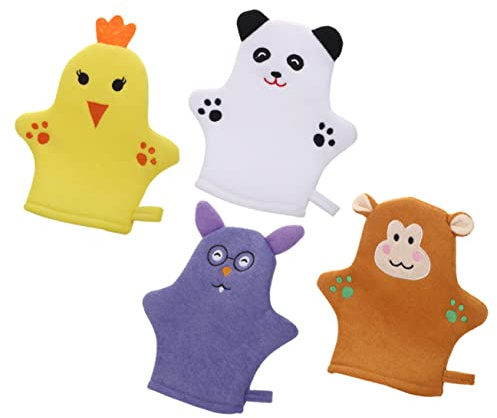 Vaguelly Moufles de Bain Exfoliants Gommage Corporel pour Garçon et Filles Motifs Animaux 4 Pièces en Polyester Doux pour Nettoyer et Soulager la Fatigue