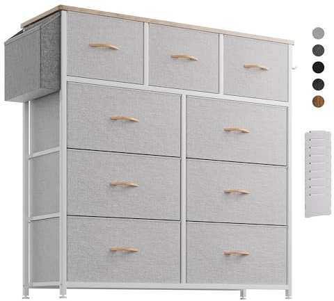 PURFINO Kommode mit Stoffschubladen - Stoffkommode aus Canvas mit 9 großen Schubladen, Etikettenkarten, Seitentasche & Haken für Wohnzimmer, Flur, Schlafzimmer