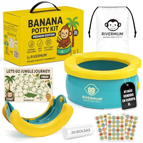 RIVERMUM® Kit Orinal Portatil Niños Plegable Banana XL, Orinal Infantil Pórtatil para viajes o casa, WC Inodoro portatil Niños, Potty Training, Incluye Bolsas, Pegatinas y Cacalendario (VERDE)