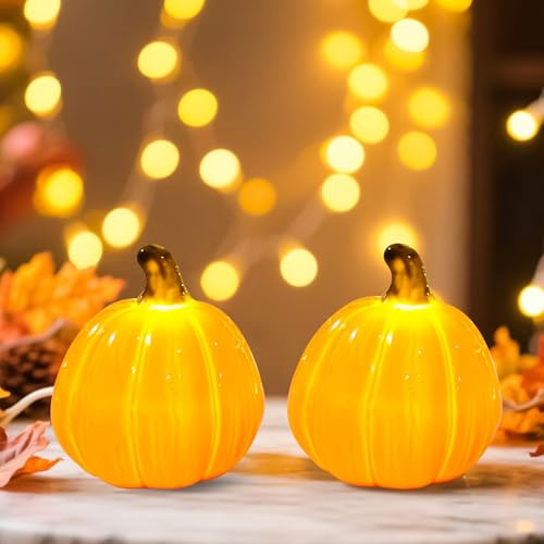 Herbstdeko Kürbis Laterne aus Keramik, 2 Stück Herbst Dekoration Kürbis Laterne, Herbst Deko Innen Kürbis Laterne, Kürbis Beleuchtet für Erntedankfest Halloween Herbstdeko (Orange)