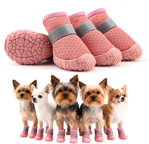 4-teiliges Set Hundeschuhe für verletzte Pfoten 6-9 kg oder weniger, rutschfeste atmungsaktive Hundestiefel mit Mesh, verstellbare Pfotenschützer und Schnee für kleine rosa(Pfotenlänge bis 4,8 cm)