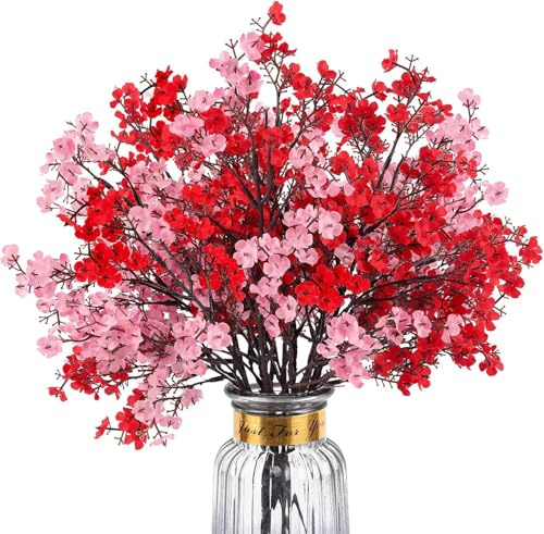 N&T NIETING Gypsophila Artificial Flowers, 12Pcs Baby Breath Artificial Flowers Fake Silk Flowers for DIY Wedding Bouquet Party Table Centerpieces Flower Arrangements and Home Decor(Pink&Red)