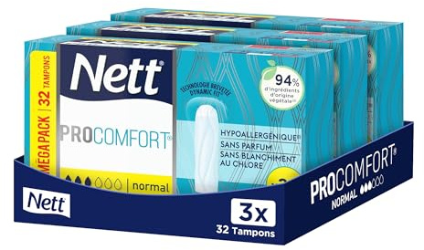 Nett | Tampon ProComfort Normal Sans Applicateur (boîte de de 32 pièces) – Tampons hypoallergéniques, sans parfum et sans blanchiment au chlore – Protection hygiénique pour flux moyen (Lot de 3)